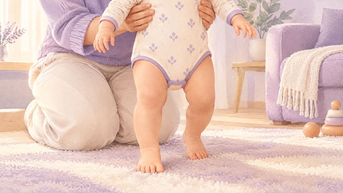 Annesinin elleri koltuk altından tuttuğu, çıplak ayaklarını yumuşak bir halıya basan bebek